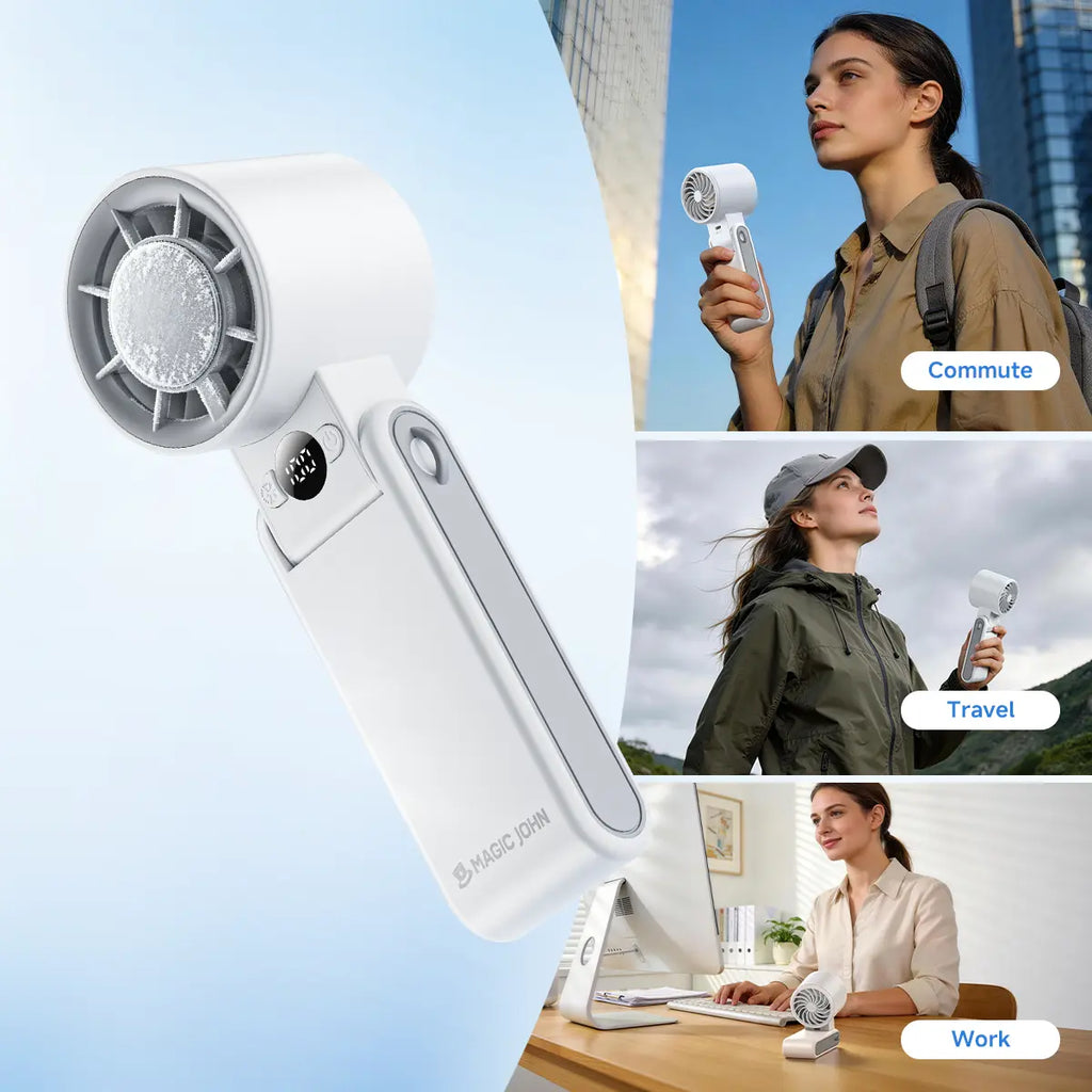 MAGIC JOHN 3 in 1 Mini Handheld Cooling Fan, 100 Speed & Instant Ice Cooling, 3600Mah Battery for 10H Runtime, Smart LED Display Foldable Neck/Desk/Hand Fan, Pocket Design for Travel/Summer/Concerts