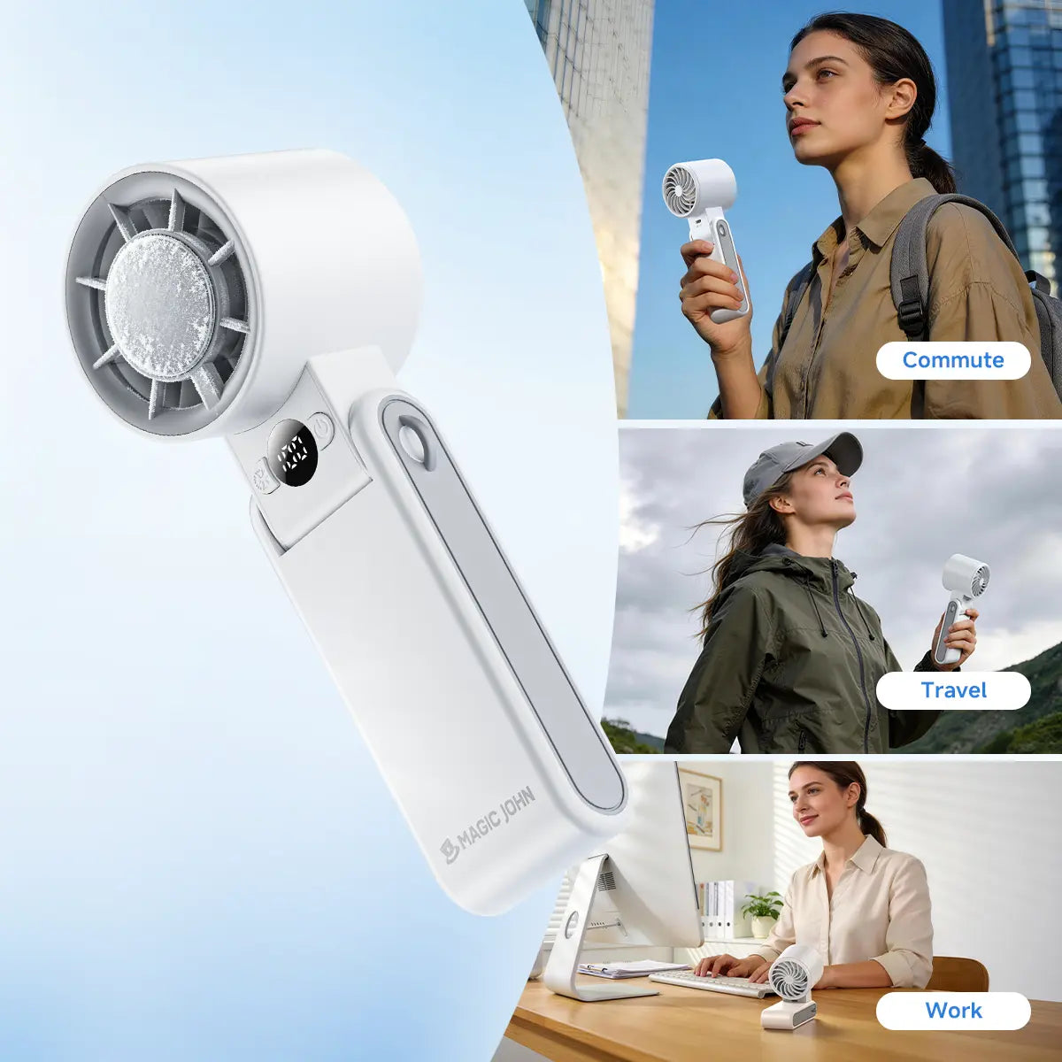 MAGIC JOHN 3 in 1 Mini Handheld Cooling Fan, 100 Speed & Instant Ice Cooling, 3600Mah Battery for 10H Runtime, Smart LED Display Foldable Neck/Desk/Hand Fan, Pocket Design for Travel/Summer/Concerts