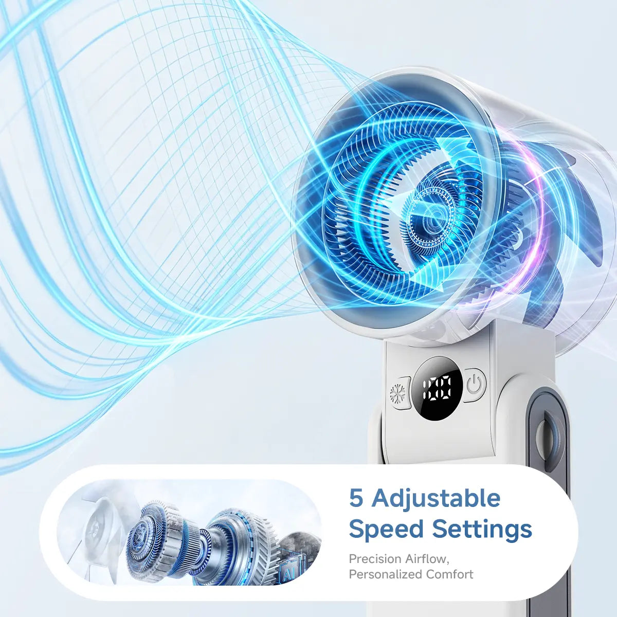 MAGIC JOHN 3 in 1 Mini Handheld Cooling Fan, 100 Speed & Instant Ice Cooling, 3600Mah Battery for 10H Runtime, Smart LED Display Foldable Neck/Desk/Hand Fan, Pocket Design for Travel/Summer/Concerts
