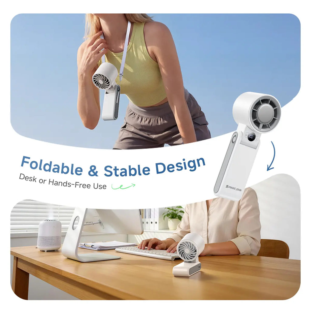 MAGIC JOHN 3 in 1 Mini Handheld Cooling Fan, 100 Speed & Instant Ice Cooling, 3600Mah Battery for 10H Runtime, Smart LED Display Foldable Neck/Desk/Hand Fan, Pocket Design for Travel/Summer/Concerts