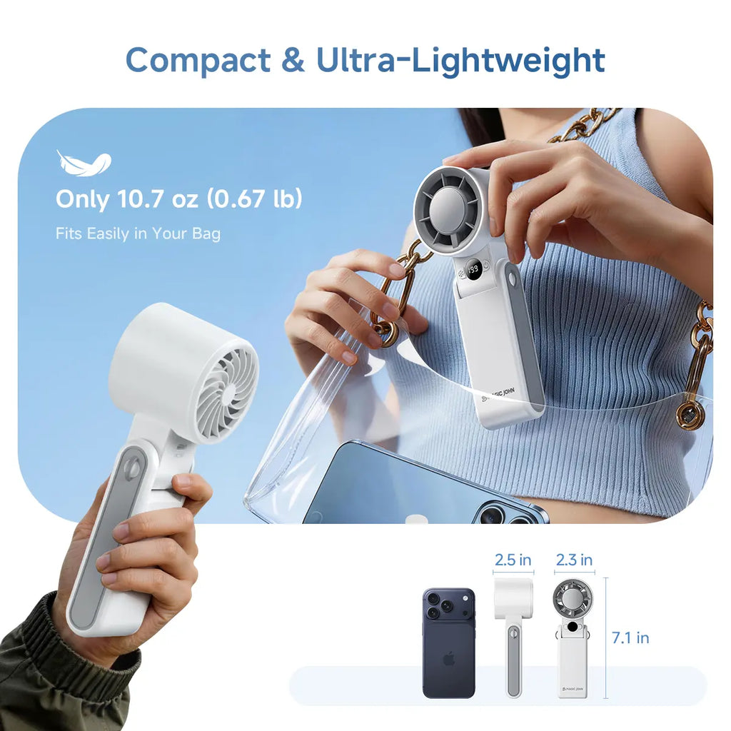 MAGIC JOHN 3 in 1 Mini Handheld Cooling Fan, 100 Speed & Instant Ice Cooling, 3600Mah Battery for 10H Runtime, Smart LED Display Foldable Neck/Desk/Hand Fan, Pocket Design for Travel/Summer/Concerts